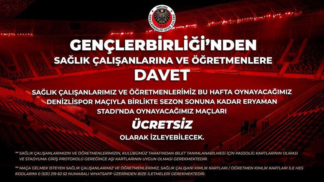 gazi universitesi genclerbirligi spor kulubu tarafindan gazi universitesi calisanlari ve ogrencilerine ucretsiz bilet yuklemesi yapilacaktir