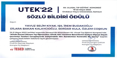 Doktora Öğrencimiz Yavuz Selim Kıyak XII. Ulusal Tıp Eğitimi Kongresi’nde Sözlü Bildiri Ödülüne Layık Görüldü