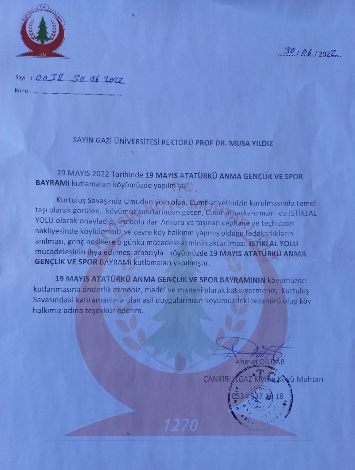 Çankırı-Ilgaz Kıyısın Köyü Muhtarı Ahmet Dildar’dan Rektörümüz Prof. Dr. Musa Yıldız’a Teşekkür-1