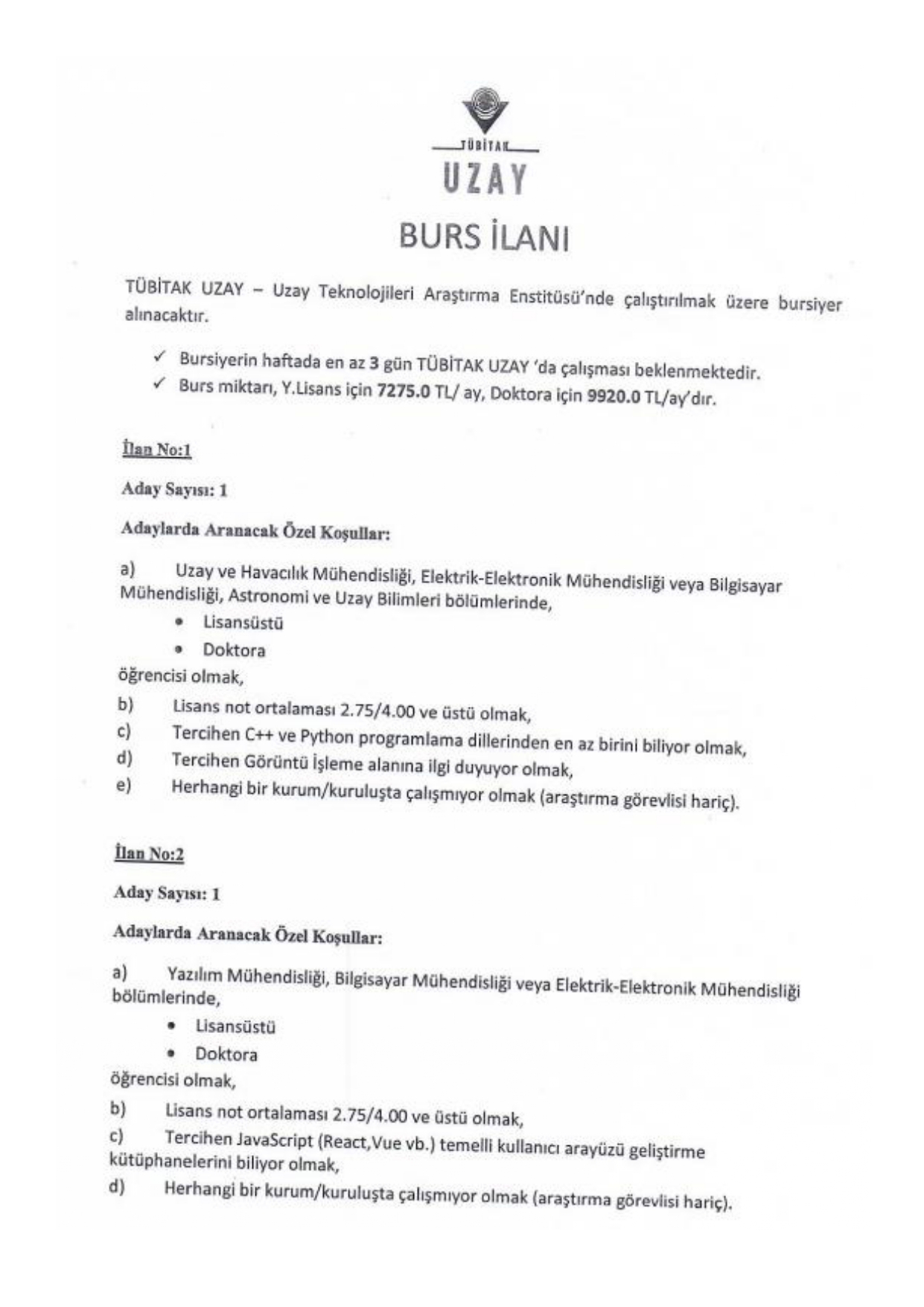 TÜBİTAK UZAY BURS İLANI-1