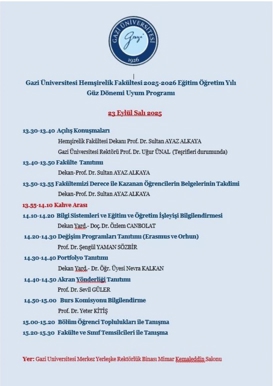 G.Ü. Hemşirelik Fakültesi 2025-2026 Eğitim Öğretim Yılı Güz Dönemi Uyum Programı