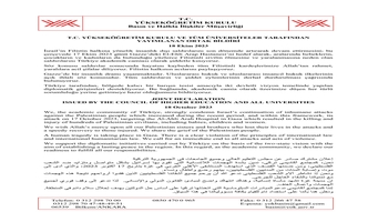 İsrail'in Filistin Halkına Yönelik İnsanlık Dışı Saldırılarına İlişkin Yükseköğretim Kurulu ve Tüm Üniversiteler Tarafından Yayımlanan Ortak Bildiri