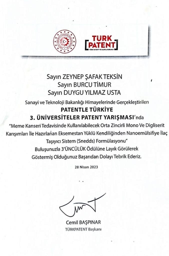 Patentle Türkiye 3. Üniversiteler Patent Yarışması’ndan Üniversitemize Ödül-1
