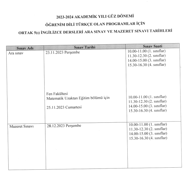 Ortak ve mazeret sınav takvimi -1