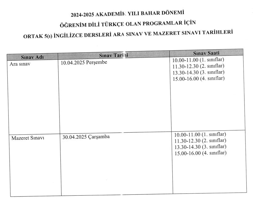 Bahar Dönemi İngilizce Ara ve Mazeret Sınav Takvimi-1