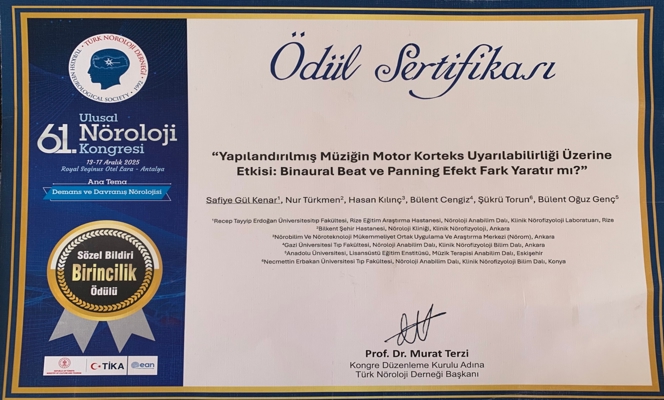 NÖROM’ da gerçekleştirilen ‘Yapılandırılmış Müziğin Motor Korteks Eksitabilitesi Üzerindeki Etkisi: Binaural Beat ve Panning Efekt Fark Yaratır mı?’ isimli çalışma 61. Ulusal Nöroloji kongresinde sözel bildiri dalında birincilik ödülü kazanmıştır