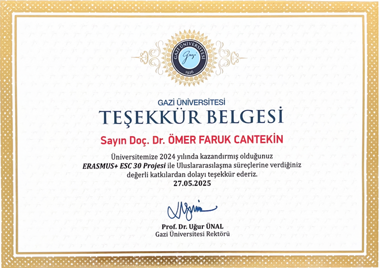Merkez Müdürümüz Doç. Dr. Ömer Faruk CANTEKİN’e ERASMUS+ESC 30 Projesi kapsamında gerçekleştirdiği değerli katkılardan dolayı teşekkür belgesi takdim edildi.-1