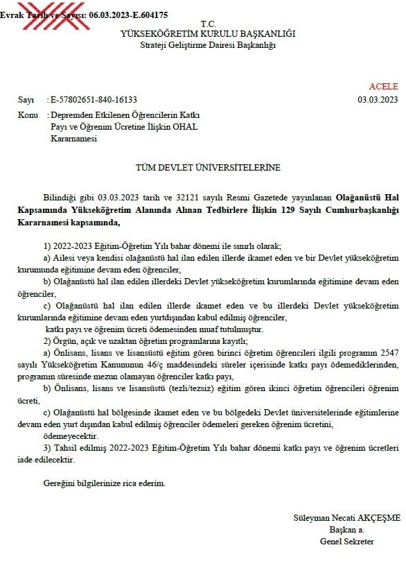 Depremden Etkilenen Öğrencilerin Katkı Payı ve Öğrenim Ücretine İlişkin OHAL Kararname-1