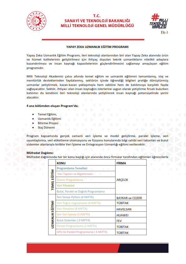 Yapay Zeka Uzmanlık Eğitim Programı Duyurusu-1