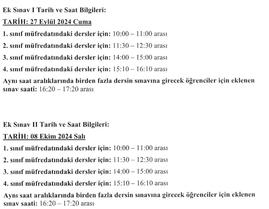 Ortak ve Seçmeli Dersler-Azami Süreler Sonundaki Ek Sınav İşlemleri/Sınav Takvimi-1