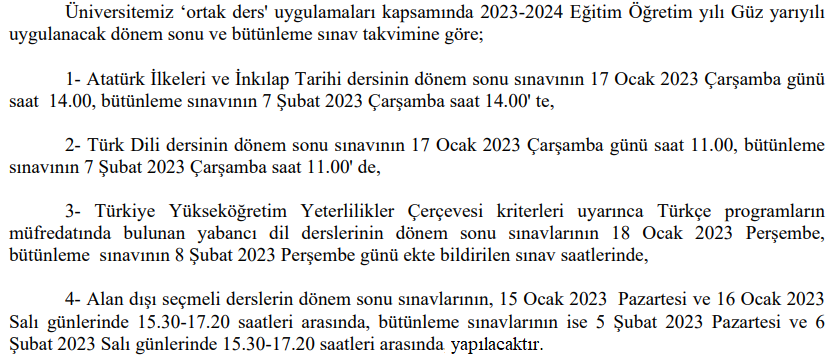 Ortak ve Seçmeli Dersler Güz Yarıyılı Dönem Sonu ve Bütünleme Sınav Tarihleri-1