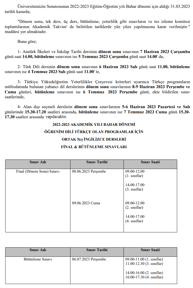 Ortak ve Seçmeli DerslerDönem Sonu ve Bütünleme Sınav Tarihleri Hk.-1