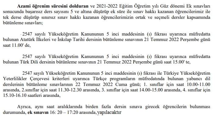 Azami Süresi Dolan Öğrenciler için ortak ders sınavları-1