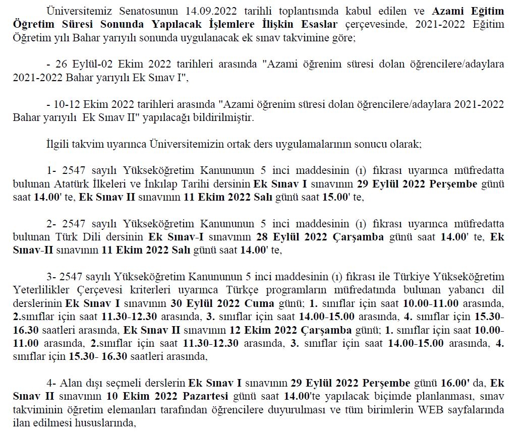 Azami Süreler Sonundaki Ek Sınav İşlemleri/Sınav Takvimi-1