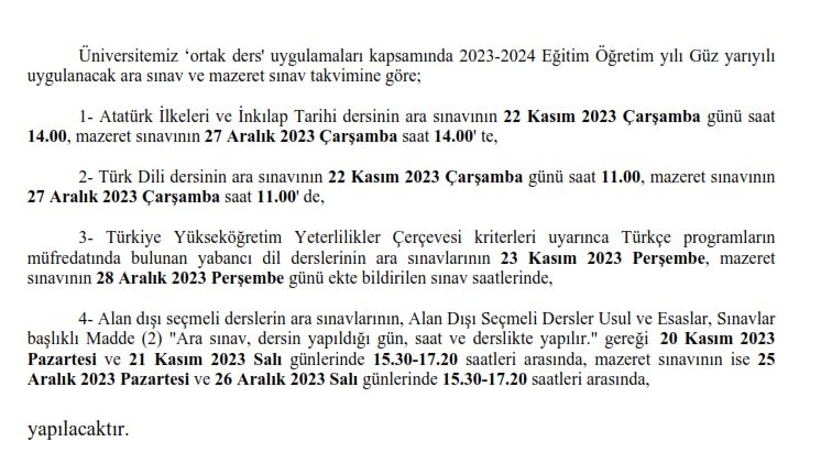 Ortak ve Seçmeli Dersler Mazeret Sınav Tarihleri Hk.-1