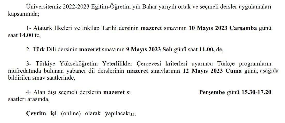 Ortak ve Seçmeli Dersler Mazeret Sınav Tarihleri Hk.-1