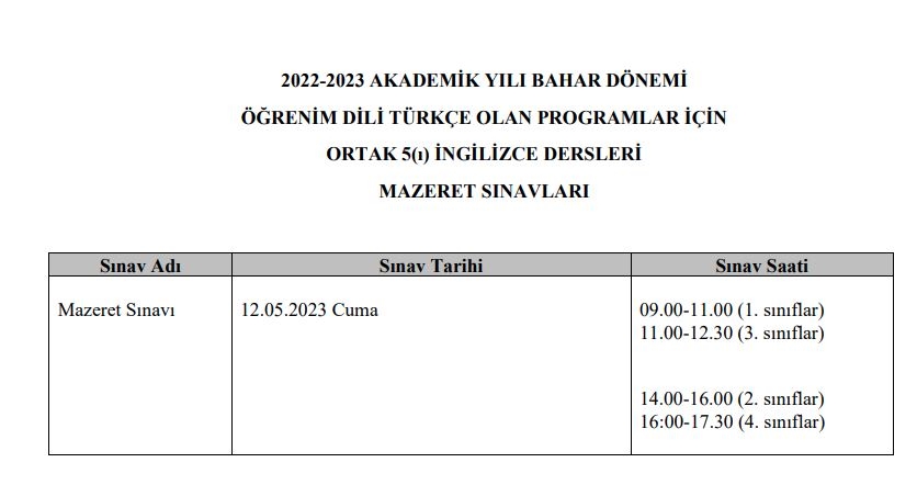 Ortak ve Seçmeli Dersler Mazeret Sınav Tarihleri Hk.-1-1