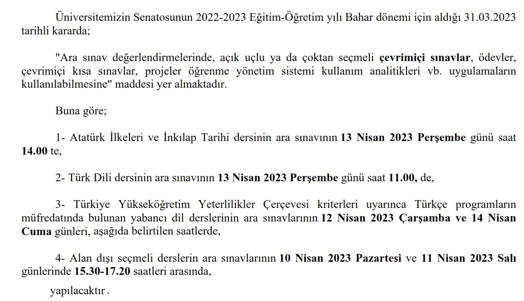 Ortak ve Seçmeli Dersler, Ara Sınav Tarihleri Hk.-1