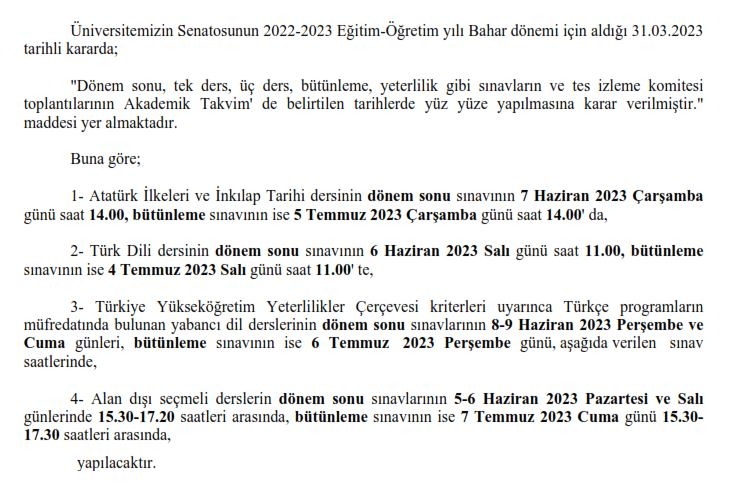 Ortak ve Seçmeli Dersler- Dönem Sonu ve Bütünleme Sınav Tarihleri Hk.-1