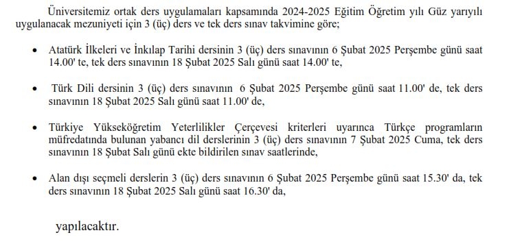 Ortak ve Seçmeli Dersler Güz Yarıyılı 3 (üç) Ders ve Tek Ders Sınav Tarihleri Hk.-1