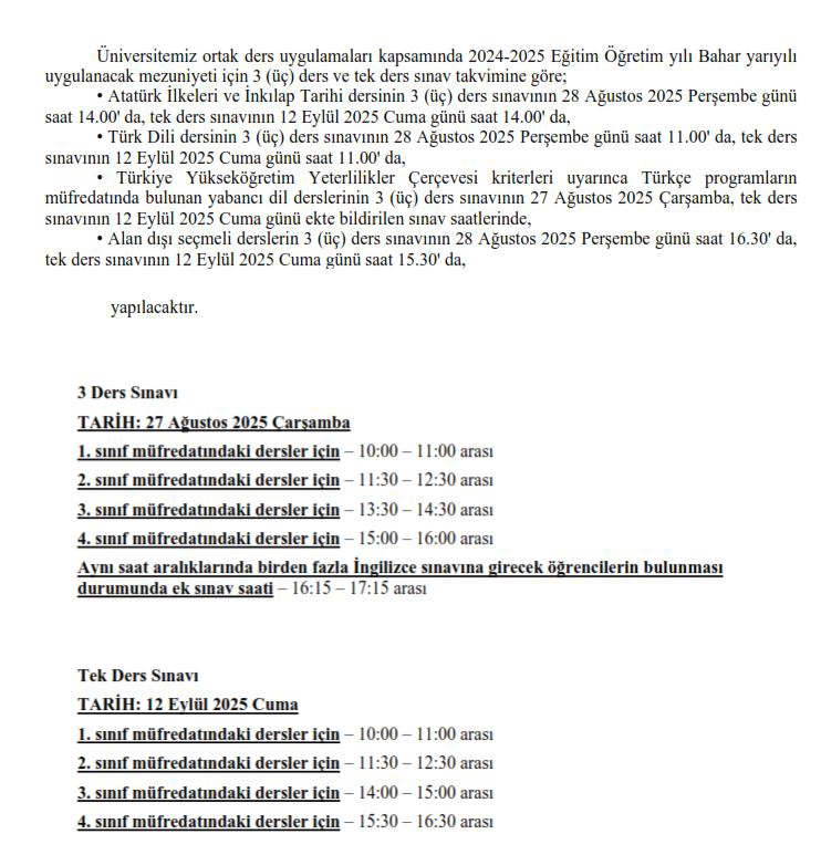 Ortak ve Seçmeli Dersler Güz Yarıyılı 3 (üç) Ders ve Tek Ders Sınav Tarihleri Hk.-1