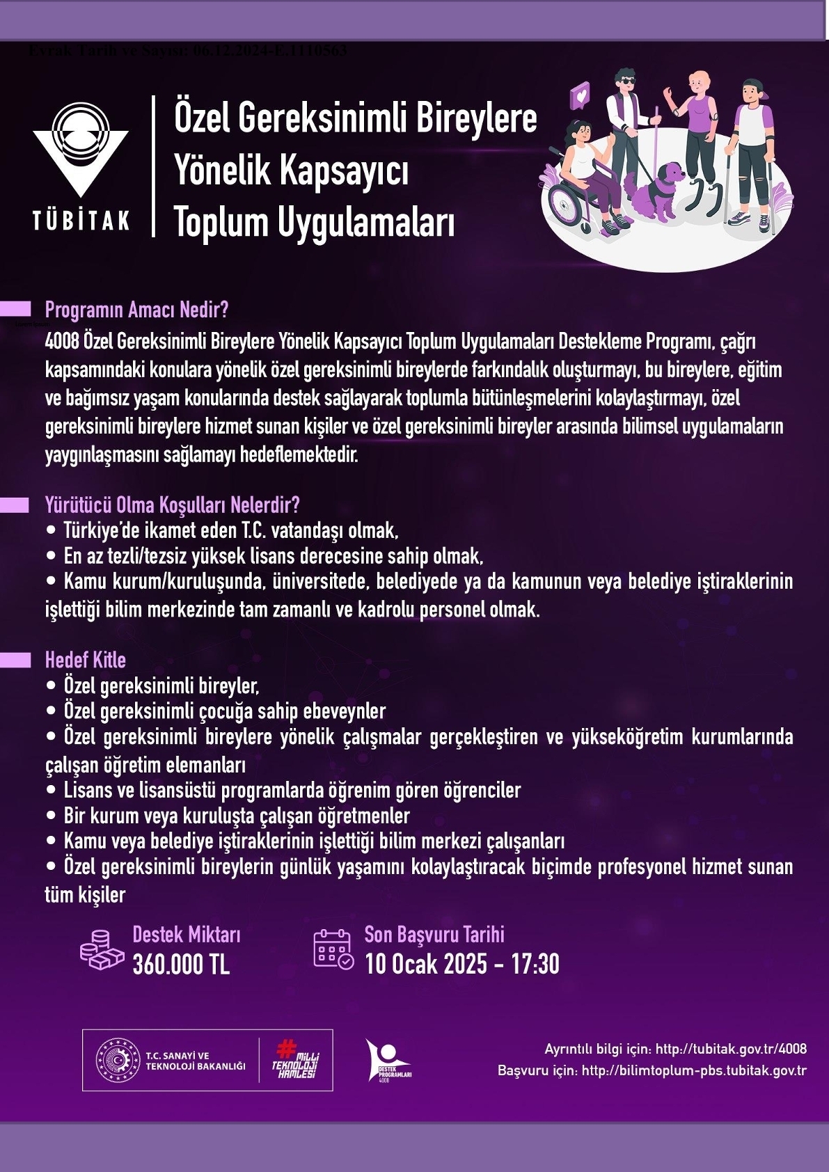 TÜBİTAK Özel Gereksinimli Bireylere Yönelik Kapsayıcı Destek Programı Başvuruları-1