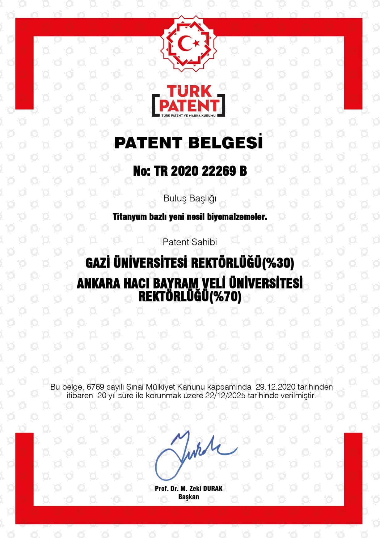 Hocalarımızından Patent Başarısı - TR 2020 22269 B "Titanyum Bazlı Yeni Biyomalzemeler"-1
