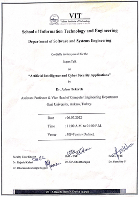 Hindistan Vellore Teknoloji Üniversitesi Yapay Zeka ve Siber Güvenlik Semineri