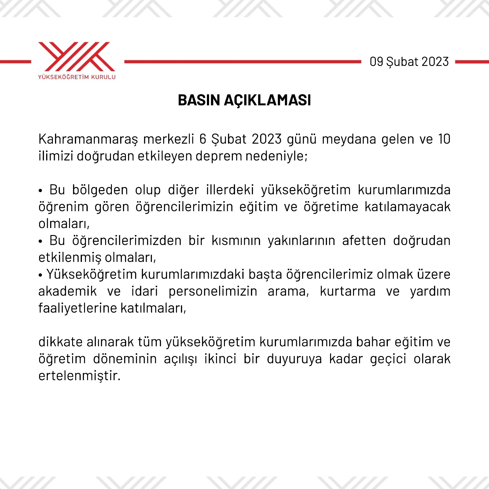 Bahar Yarıyılı Eğitim-Öğretim döneminin açılışı ile ilgili YÖK Basın Açıklaması ve Staj IV Stajı Hakkında-1