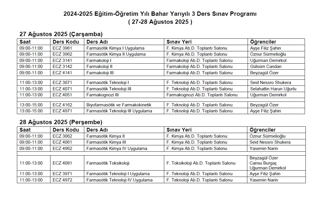 2024-2025 Eğitim-Öğretim Yılı Bahar Yarıyılı 3 Ders Sınav Programı-1