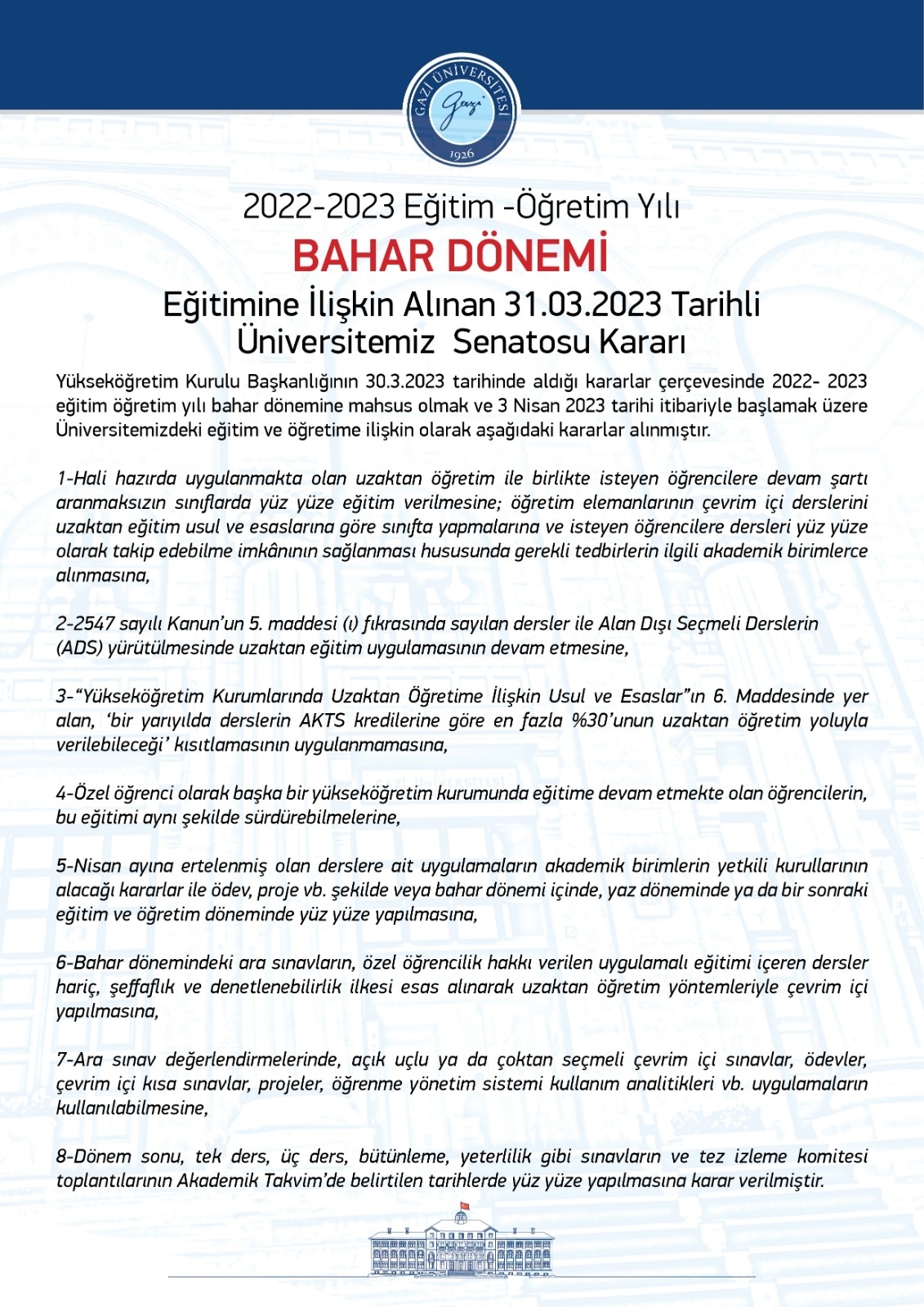 2022-2023 Eğitim Öğretim Yılı Bahar Dönemi Eğitimine İlişkin Üniversitemiz Senatosu Kararı-1