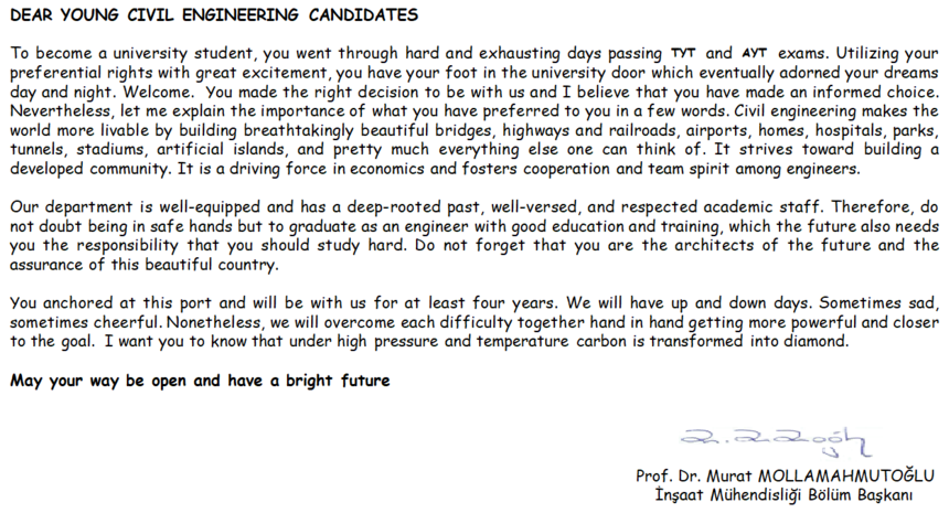 Message from our Department Head to the New Students of Our Department