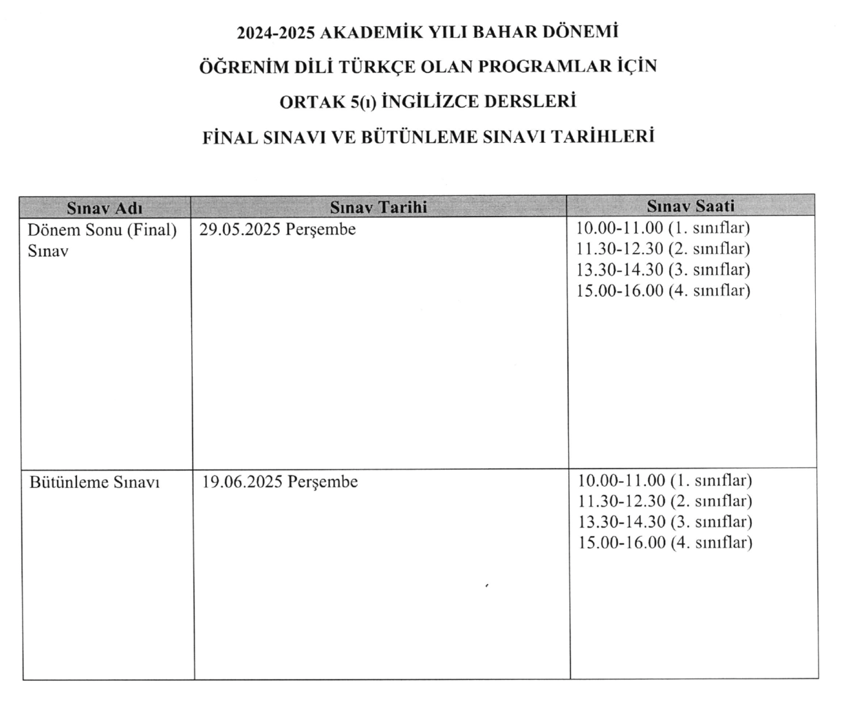 Ortak ve Seçmeli Dersler Bahar Yarıyılı Dönem Sonu ve Bütünleme Sınav Tarihleri-1