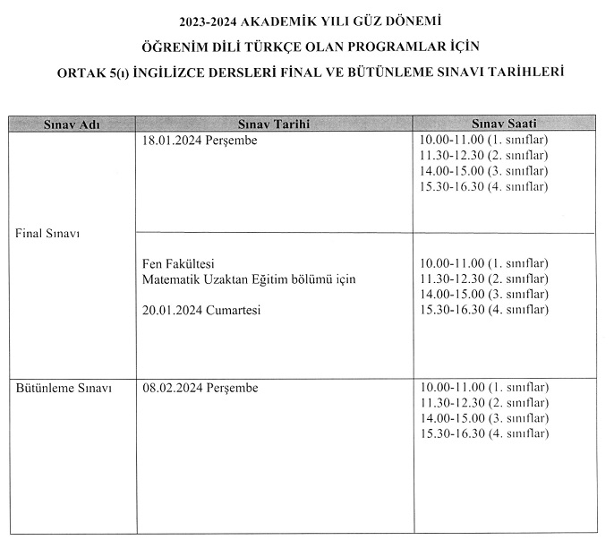 İngilizce Güz Yarıyılı Dönem Sonu ve Bütünleme Sınav Tarihleri-1