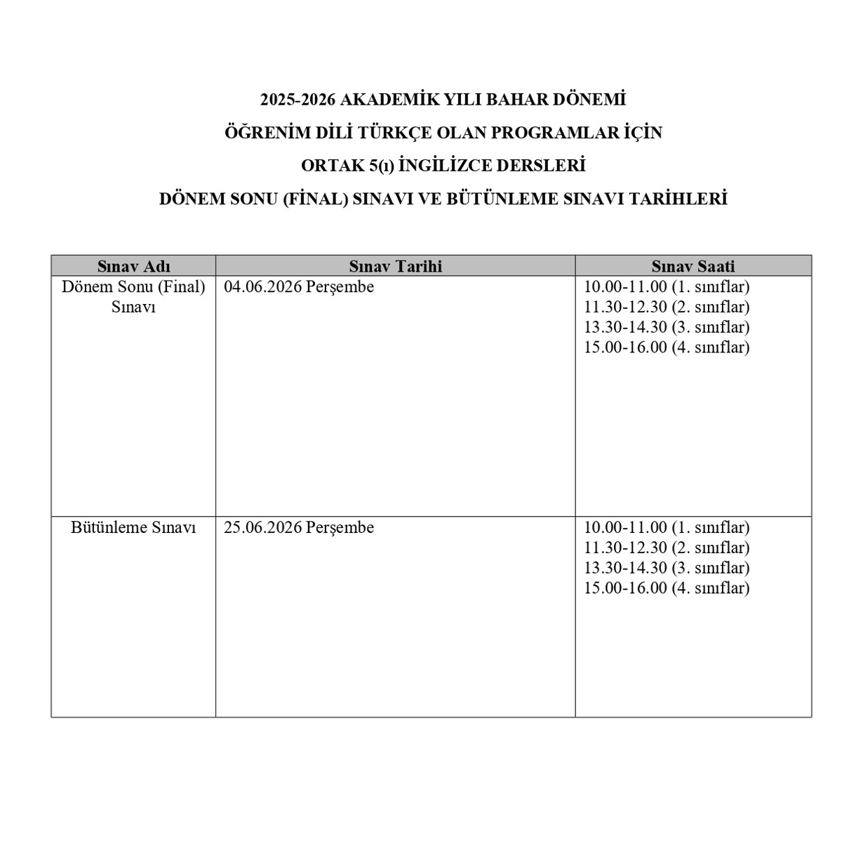 Ortak ve Seçmeli Dersler Bahar Yarıyılı Dönem Sonu ve Bütünleme Sınav Tarihleri-1