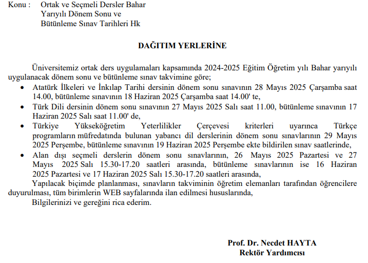 Ortak ve Seçmeli Dersler Bahar Yarıyılı Dönem Sonu ve Bütünleme Sınav Tarihleri Hk.-1