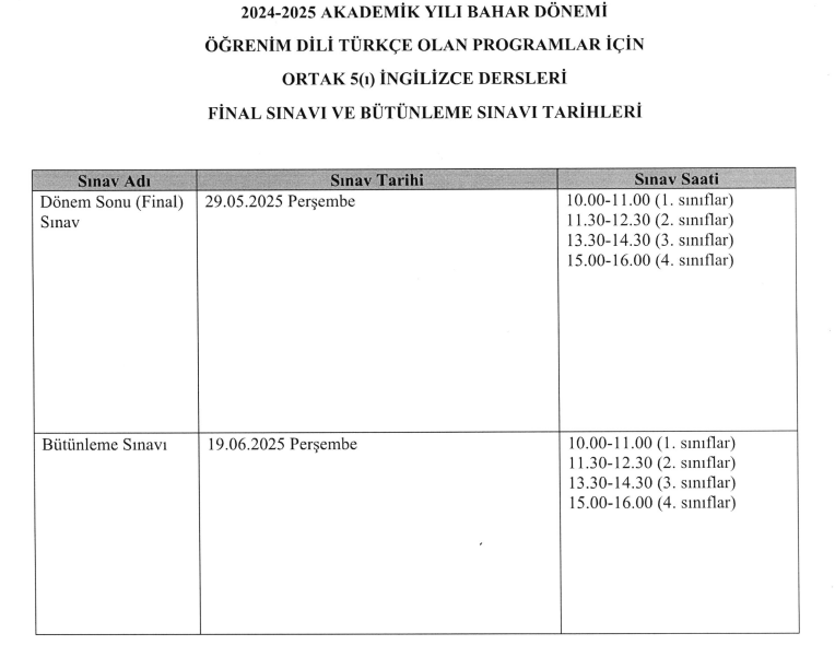Ortak ve Seçmeli Dersler Bahar Yarıyılı Dönem Sonu ve Bütünleme Sınav Tarihleri Hk.-2