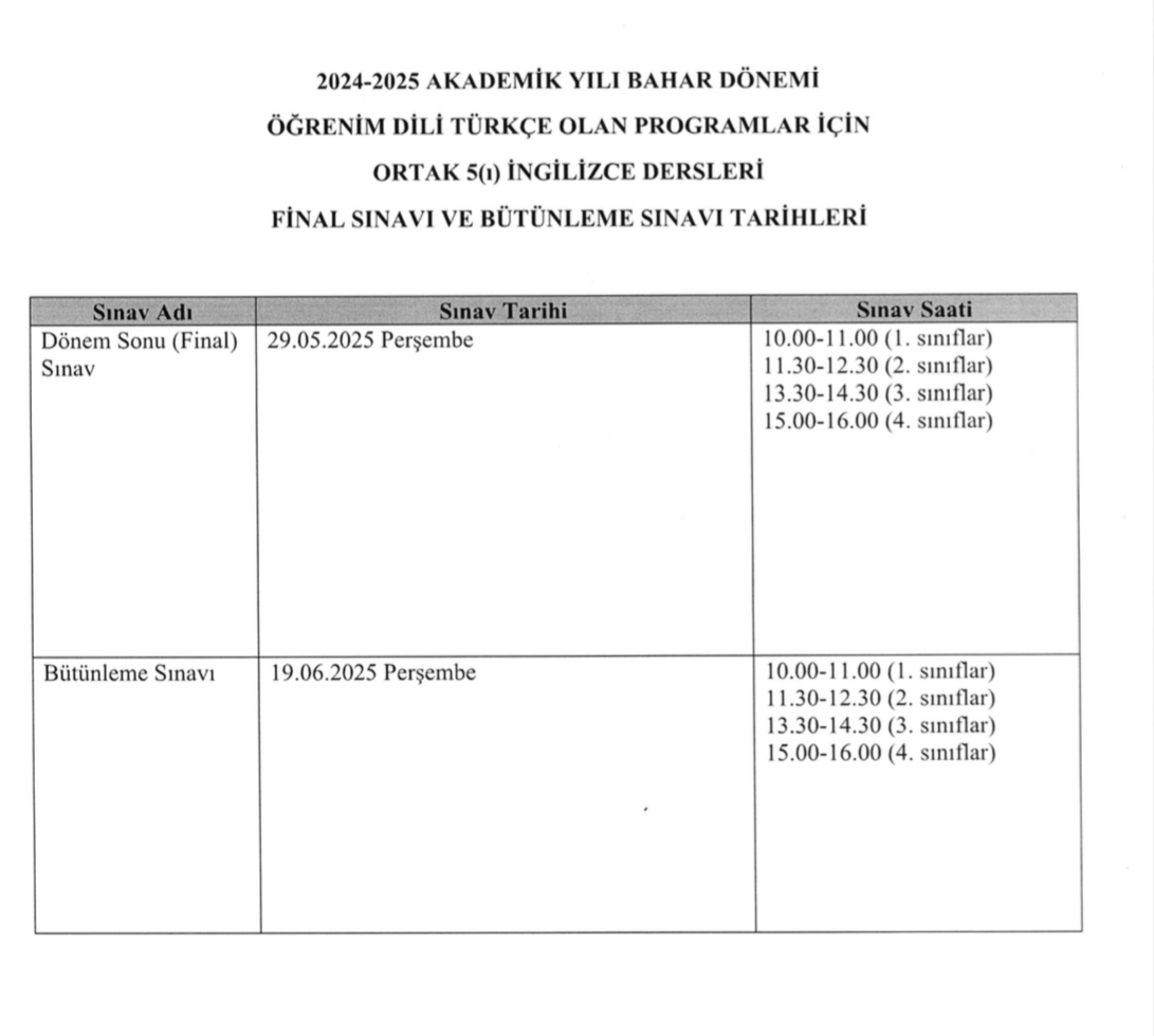 Ortak ve Seçmeli Dersler Bahar Yarıyılı Dönem Sonu ve Bütünleme Sınav Tarihleri-1