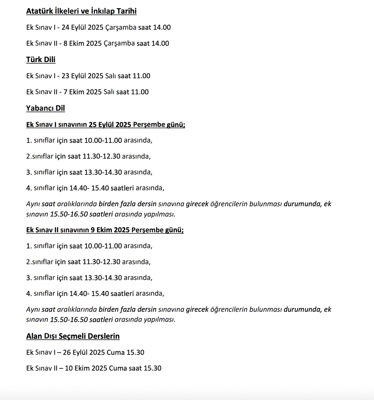 Azami Süreler Sonundaki Ek  Sınav İşlemleri/Sınav Takvimi -  Ortak ve Seçmeli Dersler-1