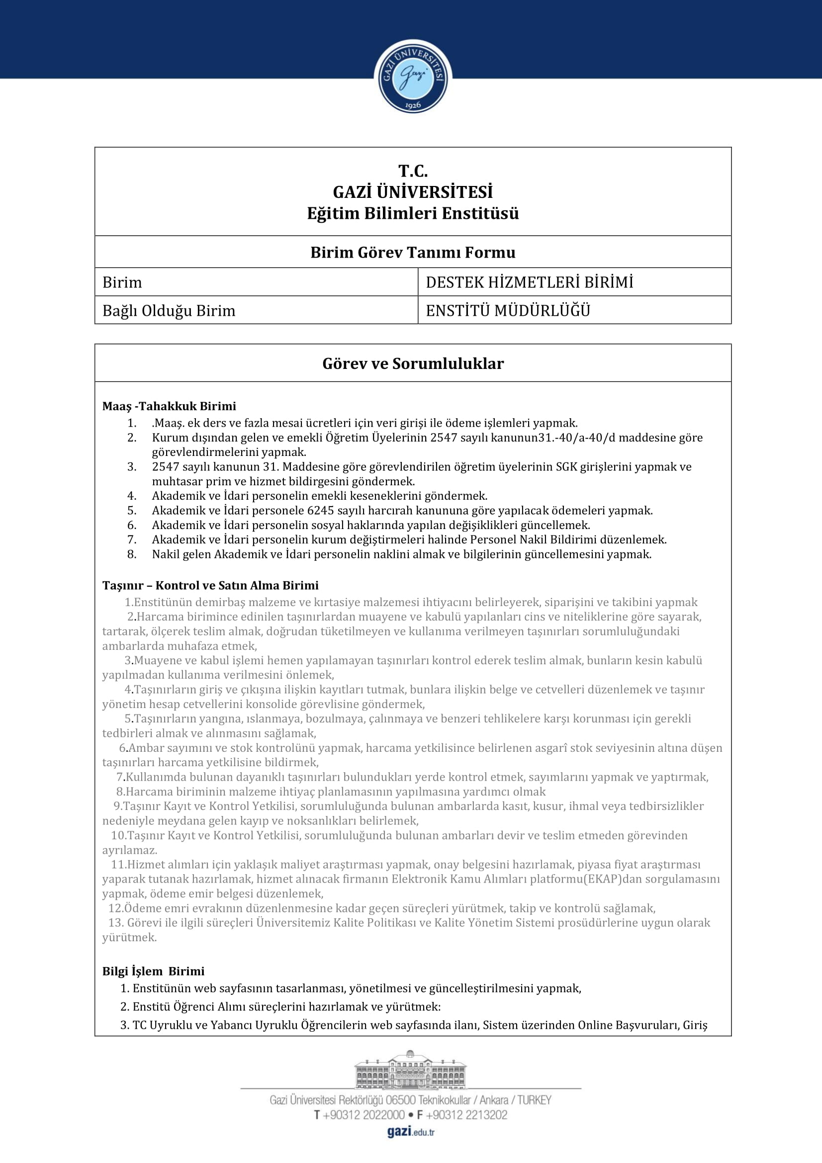 Enstitü Birim Görev Tanımı Formu-DESTEK HİZMETLERİ BİRİMİ 1-1