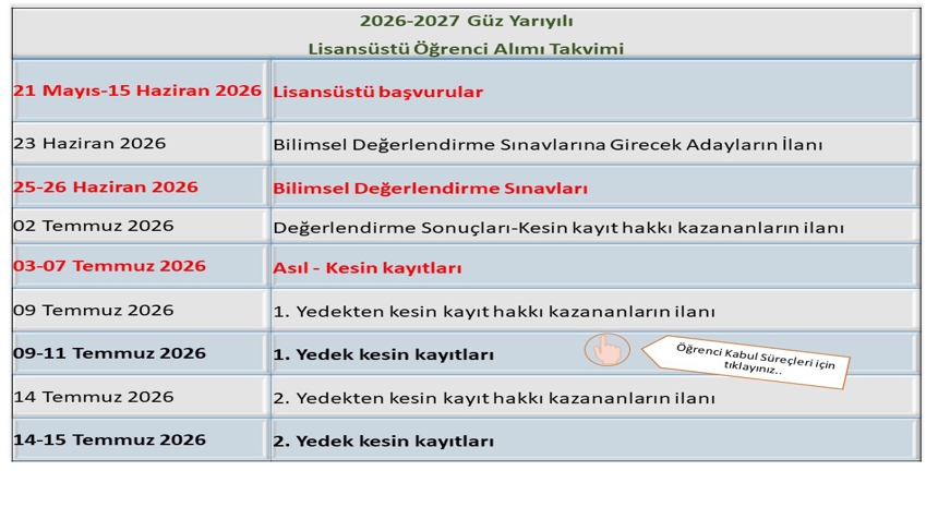 Öğrenci Alımı Önemli tarihler 26-27 güz
