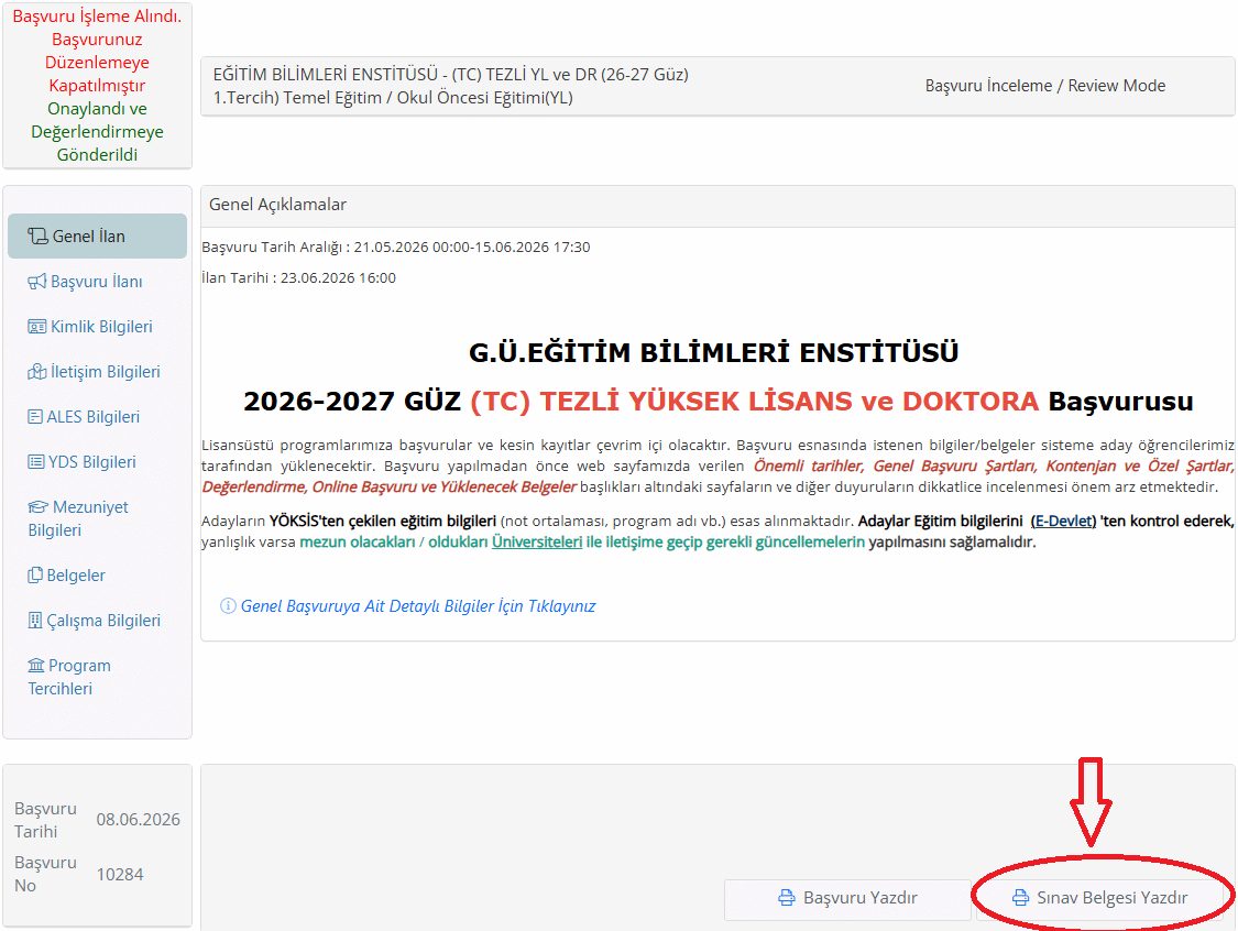 Başvurularım Menüsü sınav giriş belgesi yazdırma-1