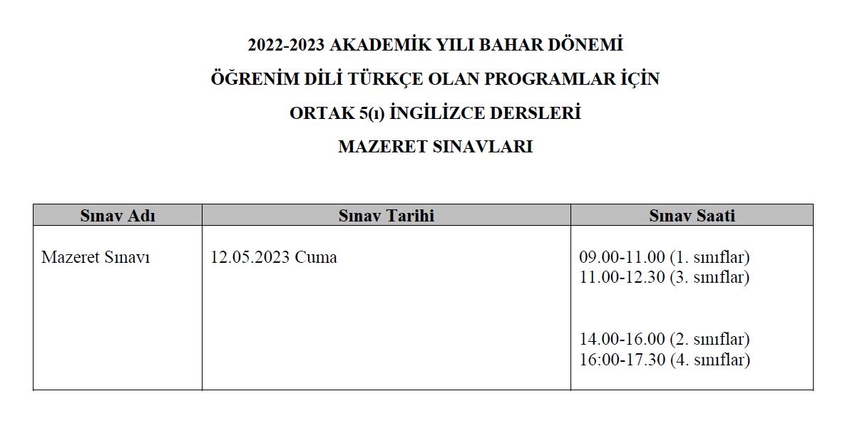 5(ı) İngilizce Dersleri - Mazeret Sınavı Tarihleri-1