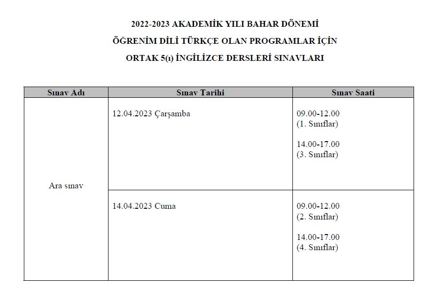 Ortak ve Seçmeli Dersler, Ara Sınav Tarihleri-1