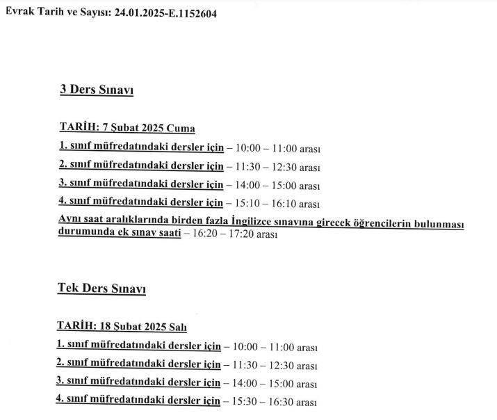 Ortak ve Seçmeli Dersler Güz Yarıyılı 3 (üç) Ders ve Tek Ders Sınav Tarihleri -1