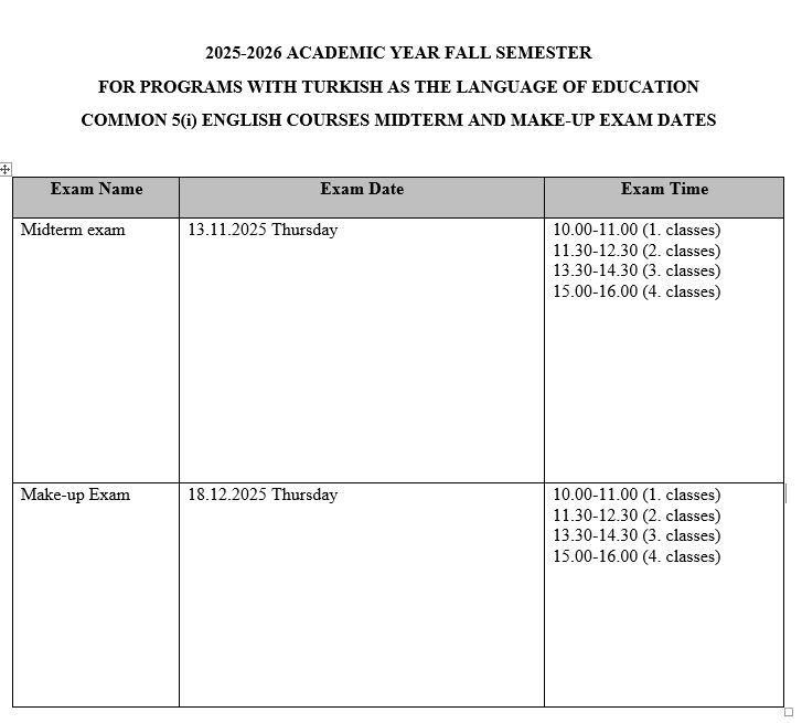 Midterm and Make-up Exam Dates for Common and Elective Courses – Fall Semester of the 2025–2026 Academic Year-1