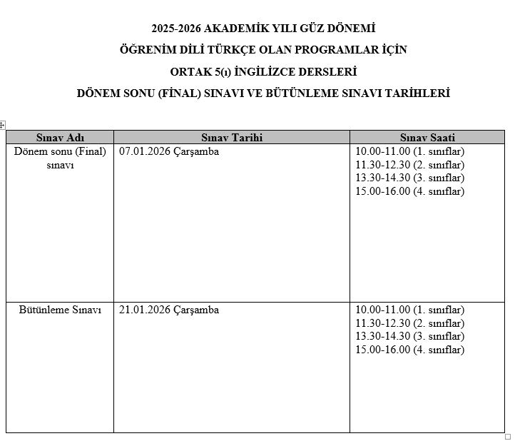 Ortak ve Seçmeli Dersler Güz Yarıyılı Dönem Sonu ve Bütünleme Sınav Tarihleri-1