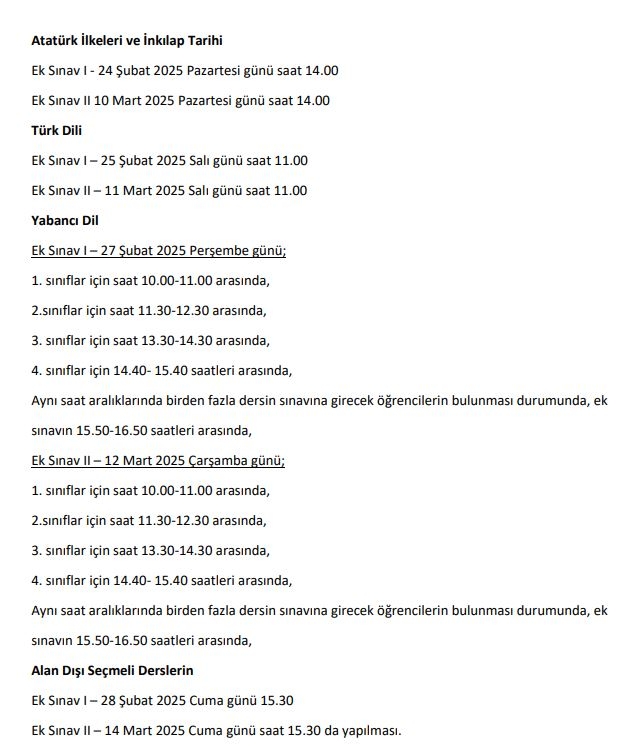 Azami Süreler Sonundaki Ek Sınav İşlemleri/Sınav Takvimi Ortak ve Seçmeli Dersler-1