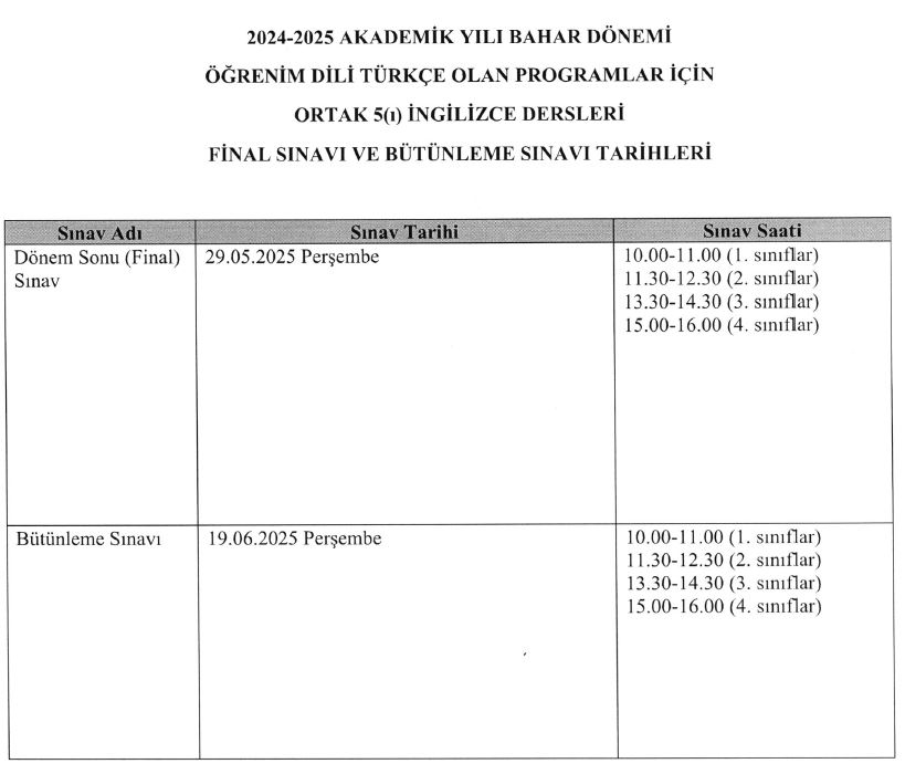 Ortak ve Seçmeli Dersler Bahar Yarıyılı Dönem Sonu ve Bütünleme Sınav Tarihleri-1