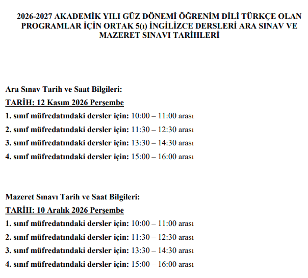 Ortak ve Seçmeli Dersler 2026- 2027 Eğitim-Öğretim Yılı Güz Yarıyılı Ara Sınav ve Mazeret Sınav Tarihleri -1